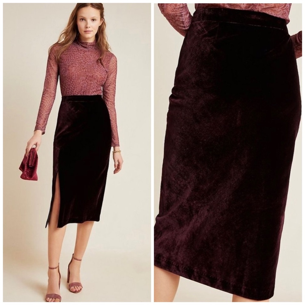 anthropologie plum velvet midi skirt
